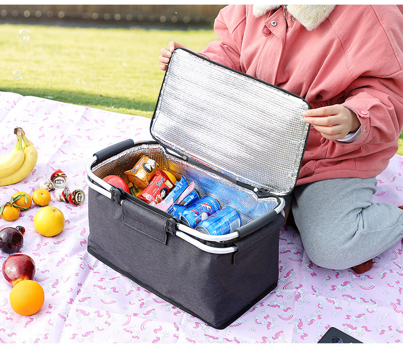 Insulated Picnic Basket with Aluminum Frame - Portable Collapsible Cooler Bag 18L 40*20*23cm(Black)